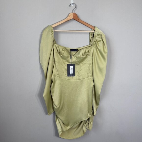 NWT PrettyLittleThing Puff Sleeve Corset Bodycon Mini Dress Womens 6 Olive Green - Picture 3 of 15